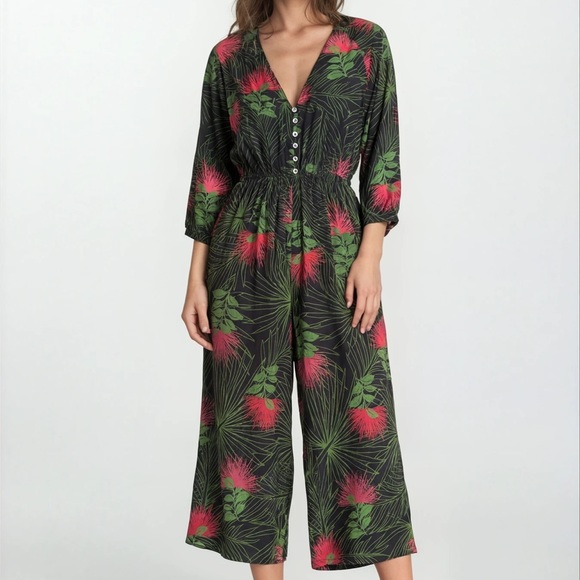 Ava Sky Fighting Eel Green and Red Legua Floral Caroline Jumpsuit Small Pink - Picture 3 of 5